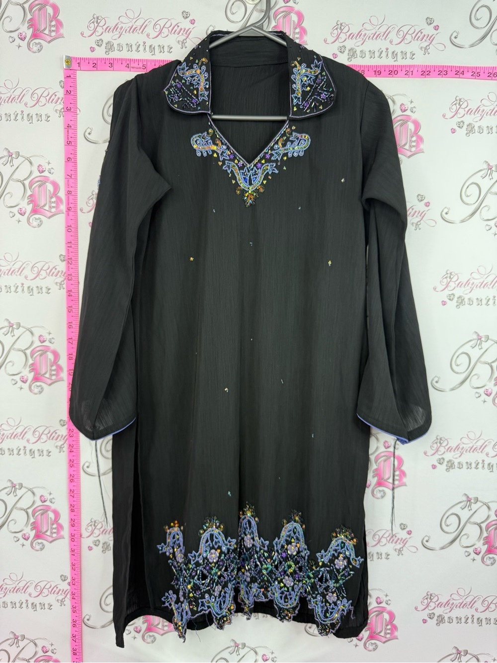 Dress beaded Embroidered Black Women's Long Dress with Blue Accents
